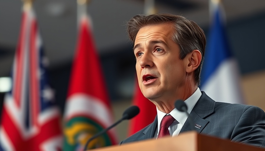 Man speaking at podium with flags in background.
