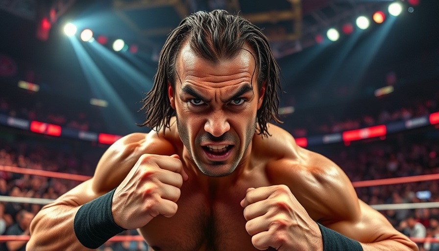 Wrestlepalooza: Intense wrestler in the ring, vibrant arena atmosphere.