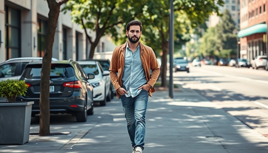 Man walking confidently on a sunny day near parked cars.