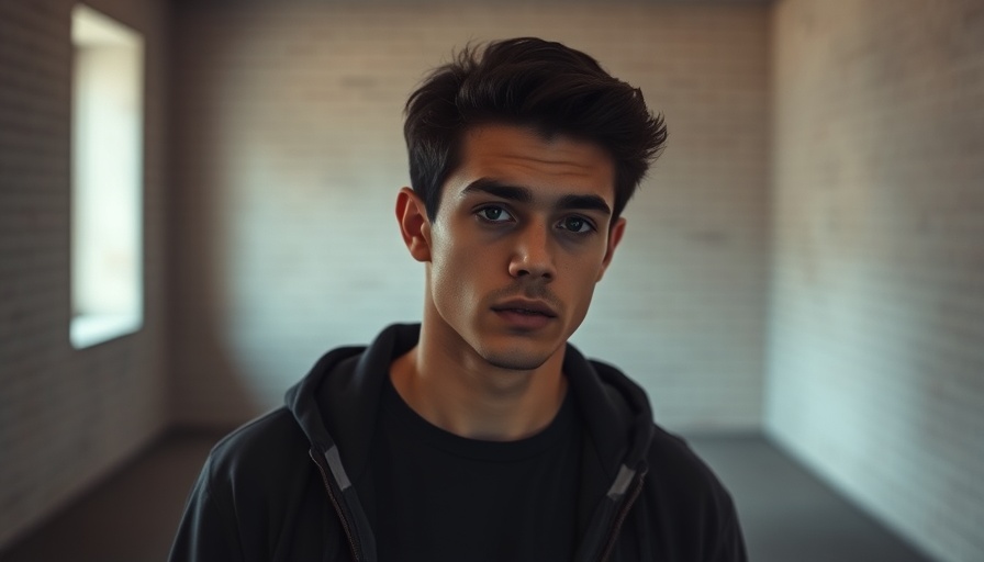 Young man in a plain setting wearing a prison uniform for national news headlines.