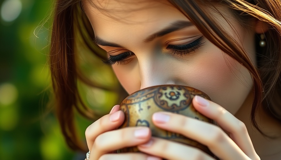 Close-up of a woman drinking from a ceramic cup in natural sunlight.