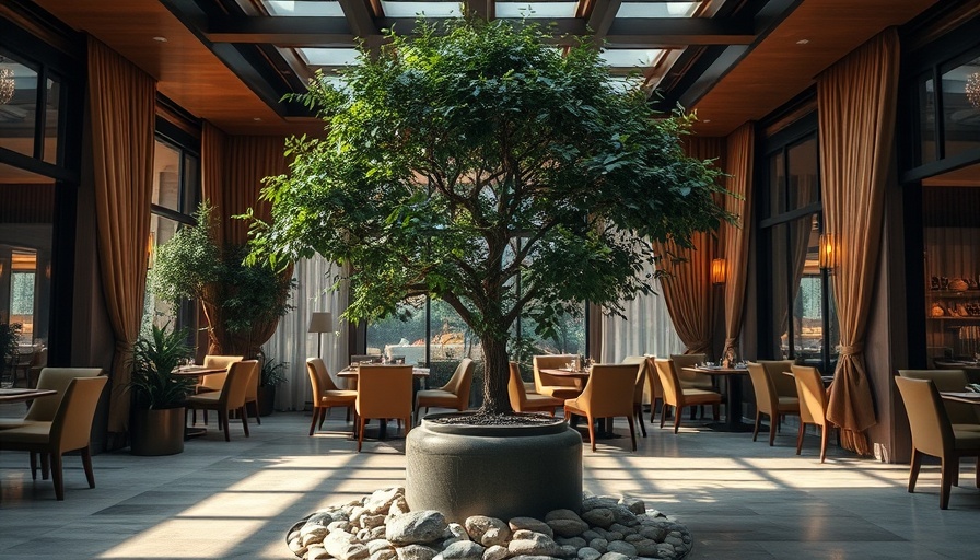 Luxurious indoor setting with potted tree, Houston dining guide.