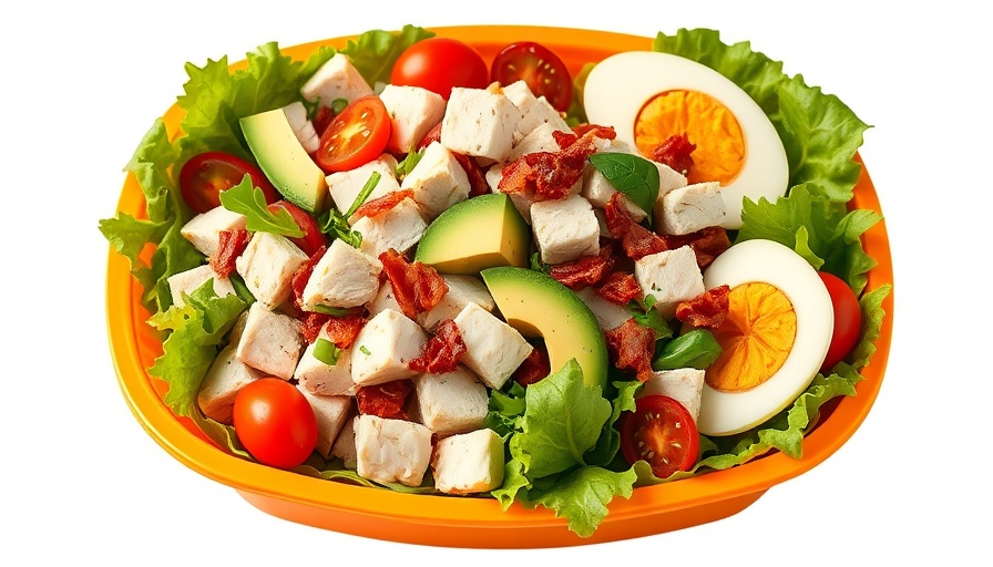 Vibrant salad with chicken and avocado in orange dish for San Antonio dining.