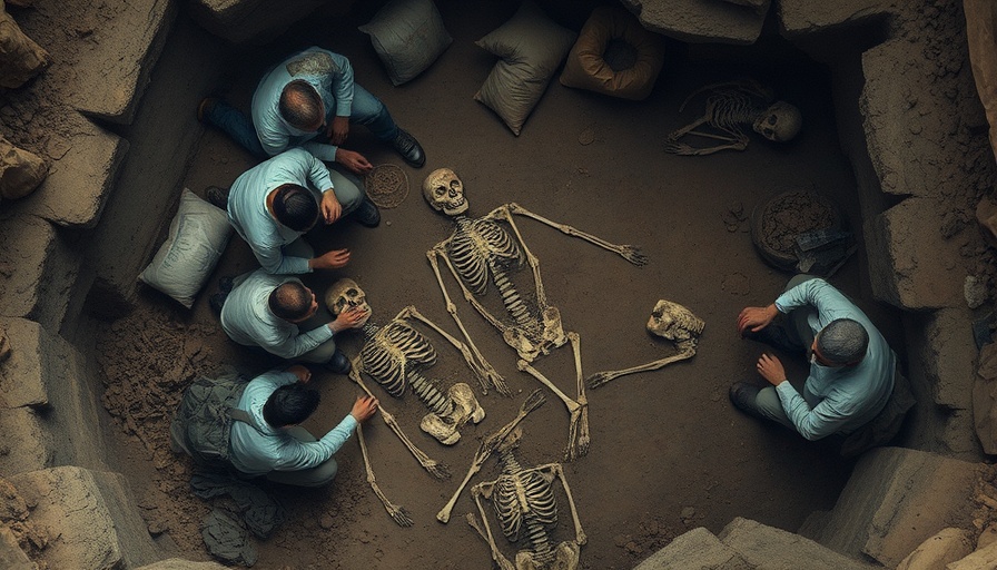 PBS series Human explores ancient history: archaeologists examining skeletons in a dig site.
