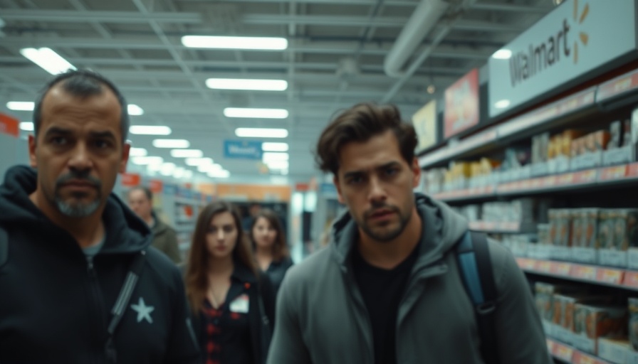 Blurred security footage of Walmart aisle, tense atmosphere.