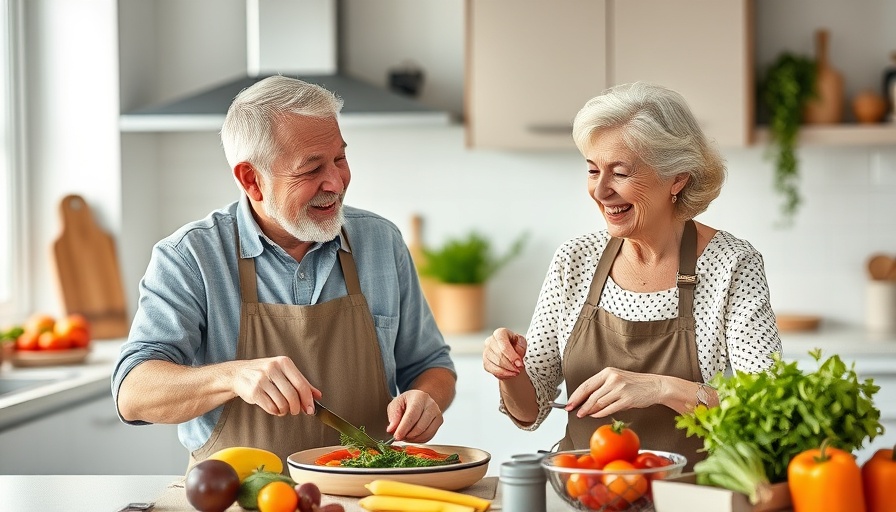 Joyful couple cooking in modern kitchen, fresh produce on counter.