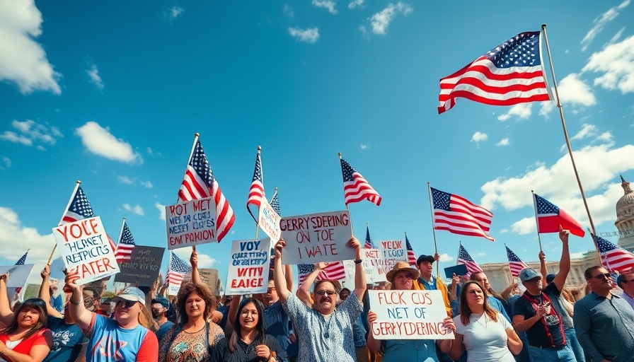 Protesters against redistricting trend holding signs under American flags.