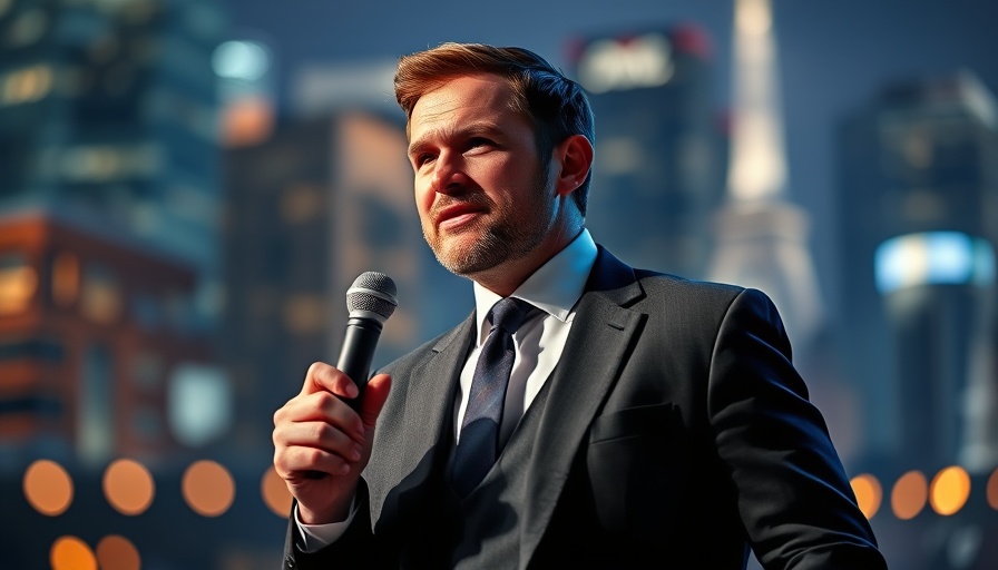 Suspension of Jimmy Kimmel Live host speaking on stage with city lights.
