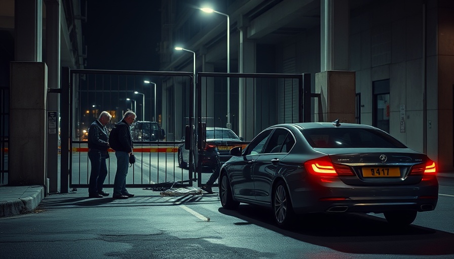 Security checkpoint at night with damaged gate and people investigating, related to targeted attack on FBI Pittsburgh field office.