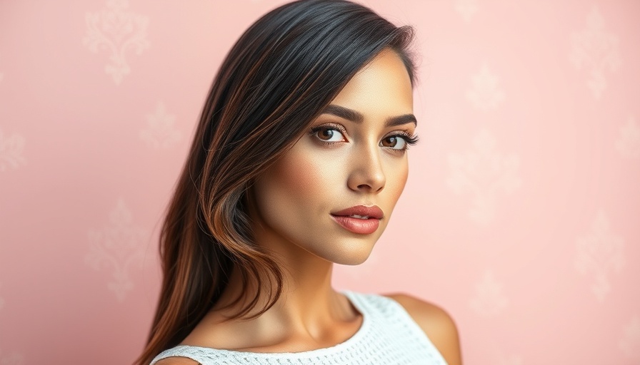 Elegant woman in white dress, serene expression, soft pink background.