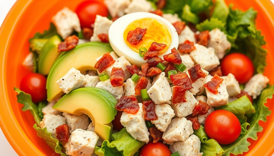 Colorful salad with avocado and chicken, bright presentation.