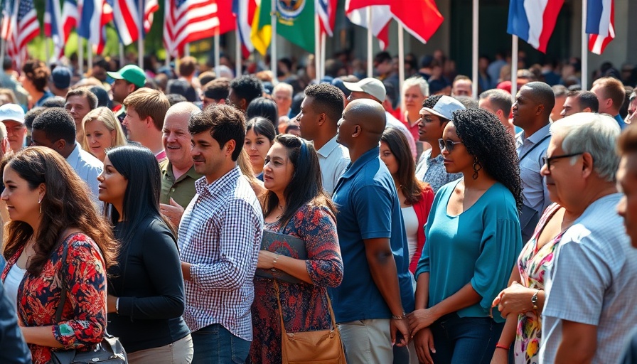 Diverse group lines up for voting in Texas, 2025 rights highlighted.