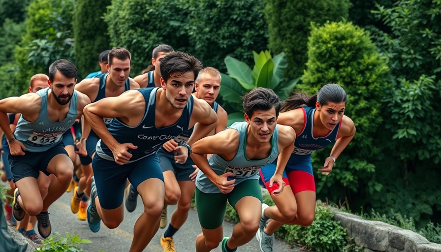 Group of athletes racing uphill outdoors with determination