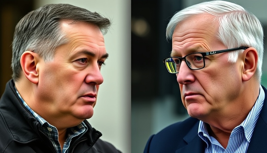 Two men in a split-screen interview, serious expressions, news context.