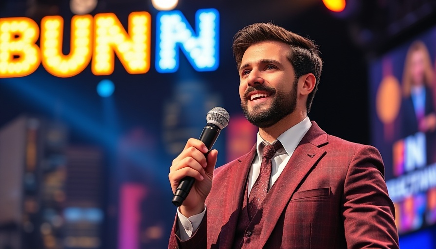 Man speaking on stage during live entertainment event in San Antonio.