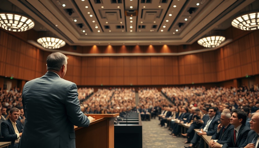 Man giving a speech in a large conference room.
