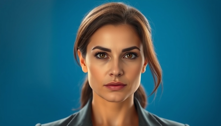 Confident female leader focusing forward against a blue background.