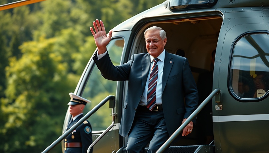 Man waves while climbing steps of Marine One, soldier nearby.