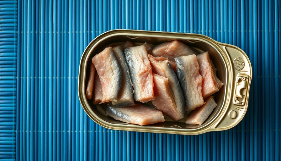 Canned tuna on a blue bamboo mat for high-protein meals.
