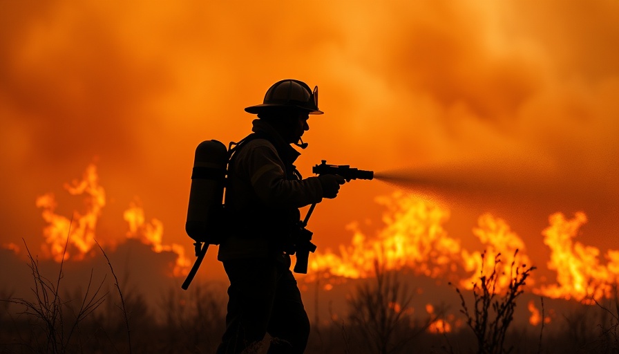Firefighter battling intense wildfire in smoky scene, USA.