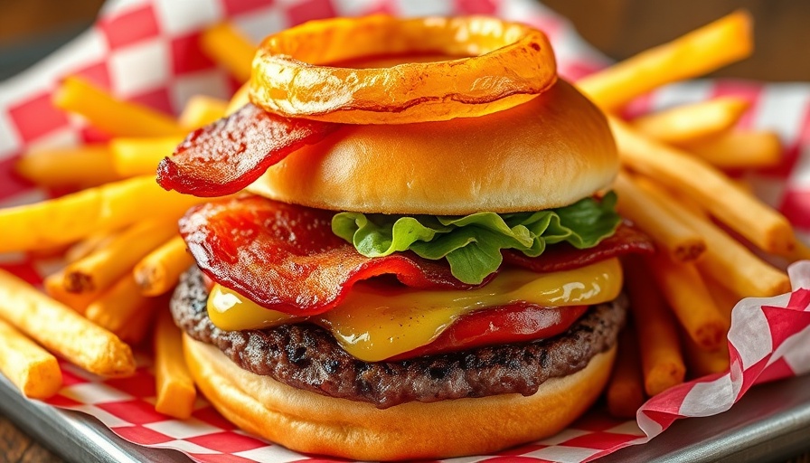 Mouthwatering Rodeo Goat burger with bacon and fries.