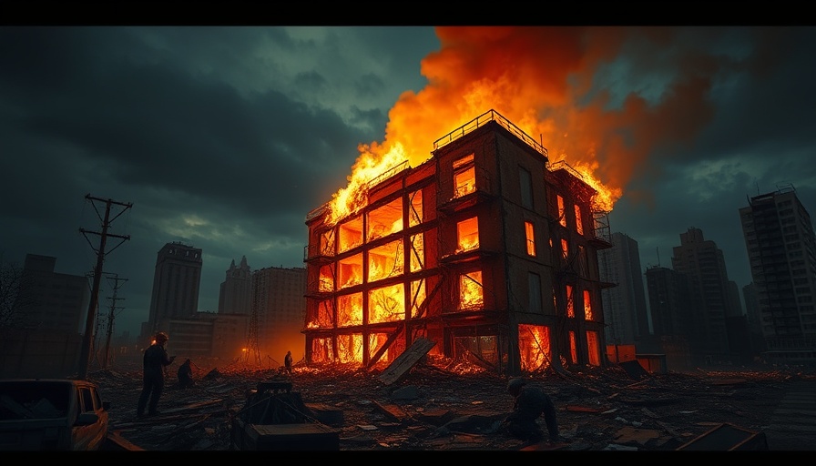 Destroyed building engulfed in flames during Ukraine war updates.