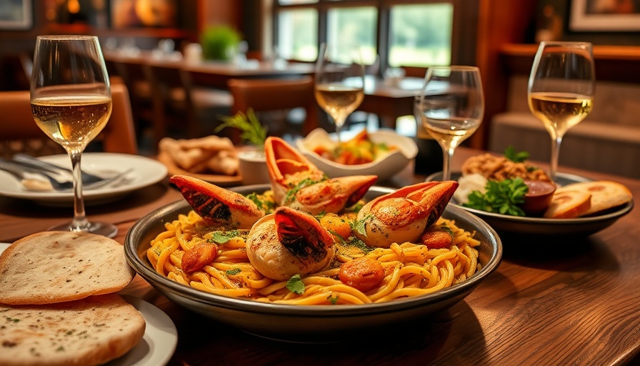 Houston dining: Gourmet dishes with seafood paella and wine.