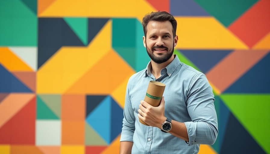 Man displaying sustainable cylindrical object against vibrant wall.