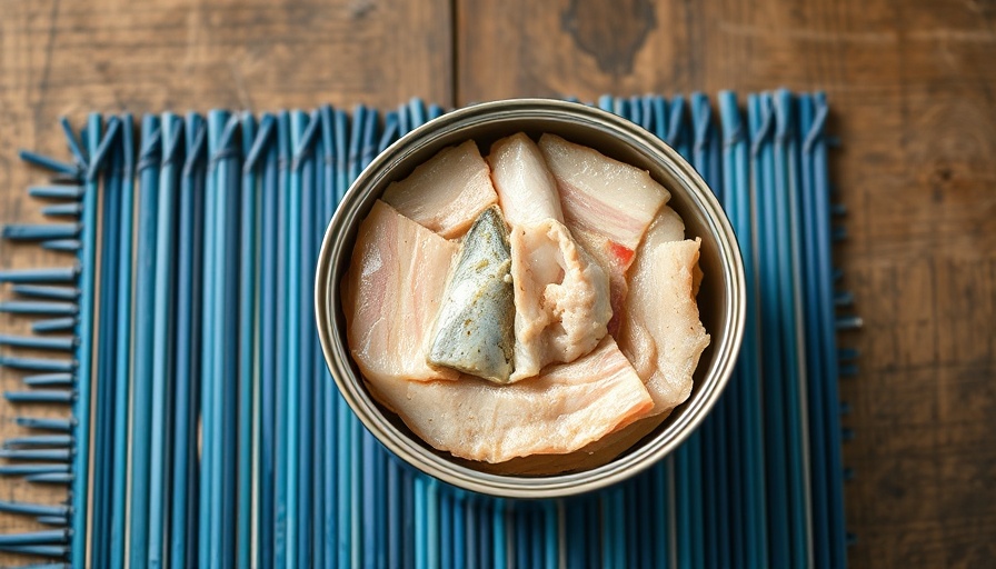 Open can of tuna on blue bamboo mat, highlighting high-protein meals.
