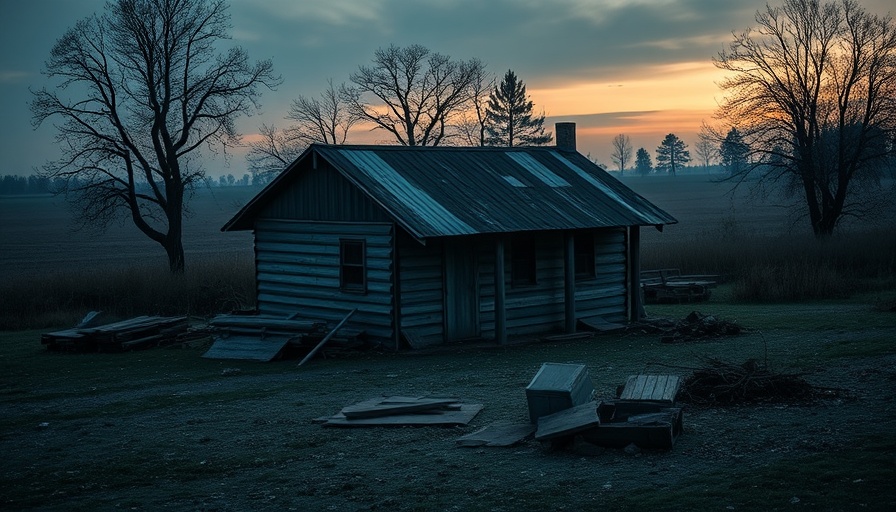 Camp Mystic safety measures, weathered building and debris in dawn.