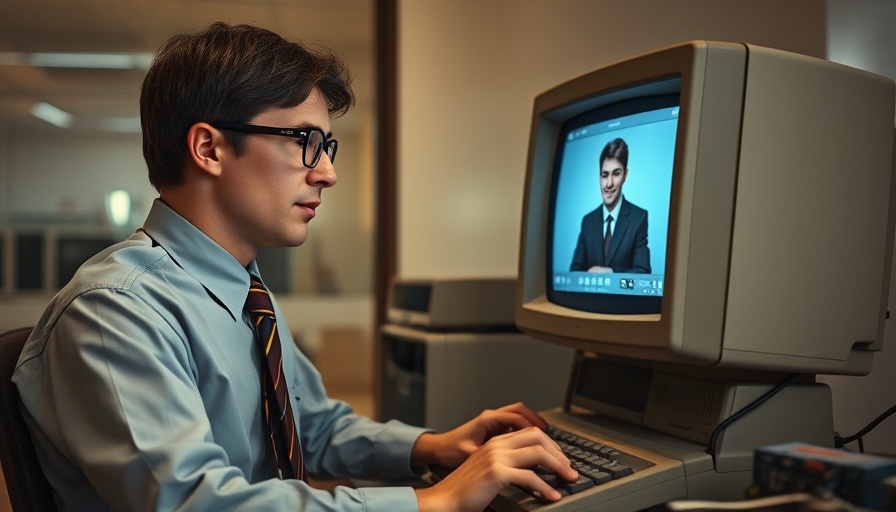 David Monroe working with vintage computer in 1980s office, San Antonio.