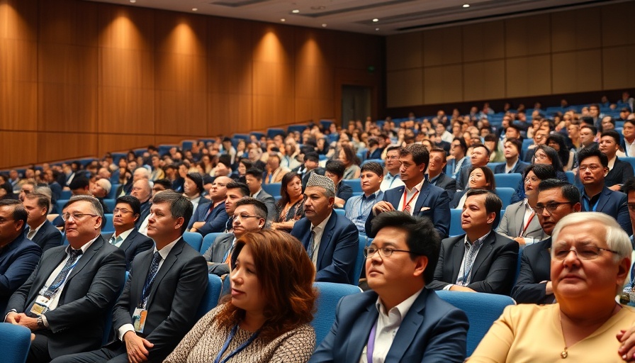 National news headlines: Speaker addresses diverse audience in large hall.