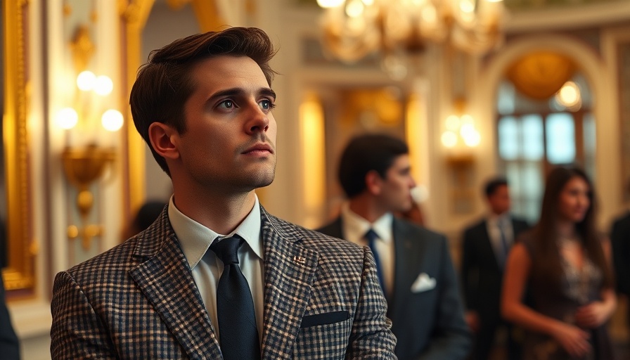 Young man in a checkered suit engaging in political discourse and national news.
