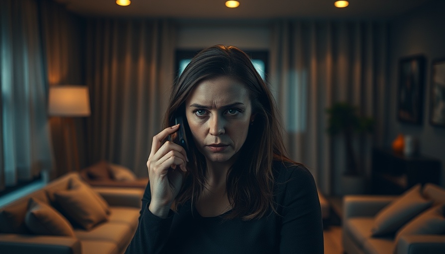 Concerned woman holding phone in living room, tense.