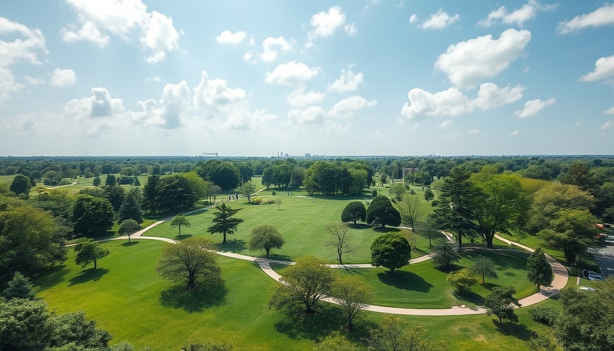 Scenic Hermann Park with green lawns and winding paths