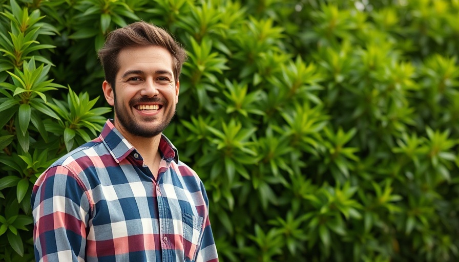 Man smiling in checkered shirt against greenery background