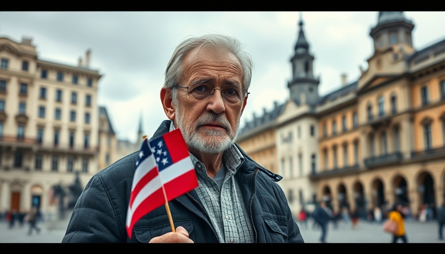 Concerned man holding flag in city square with historic architecture.