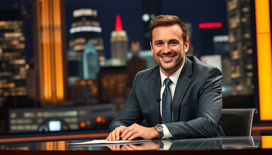 Smiling man in a suit on a late-night show set, welcoming atmosphere.