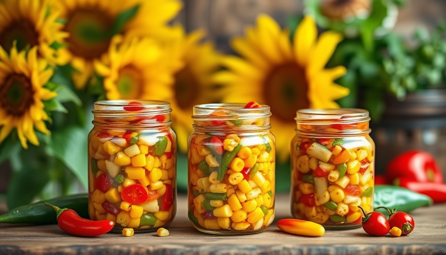 Rustic jars of corn and pepper relish on wooden board.