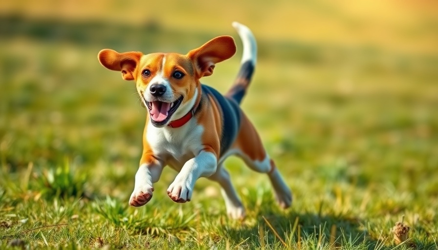 Energetic beagle running with floppy ears in a field, attention focused.