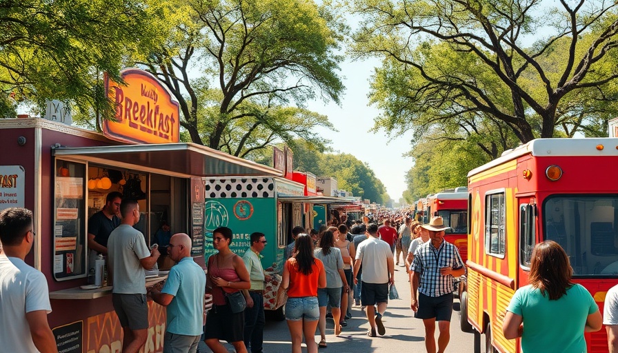 Vibrant scene at Austin breakfast food trucks on a sunny morning.
