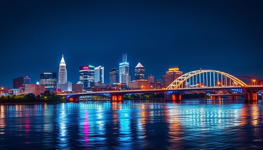 Louisville skyline and bridge at night reflecting in Ohio River.