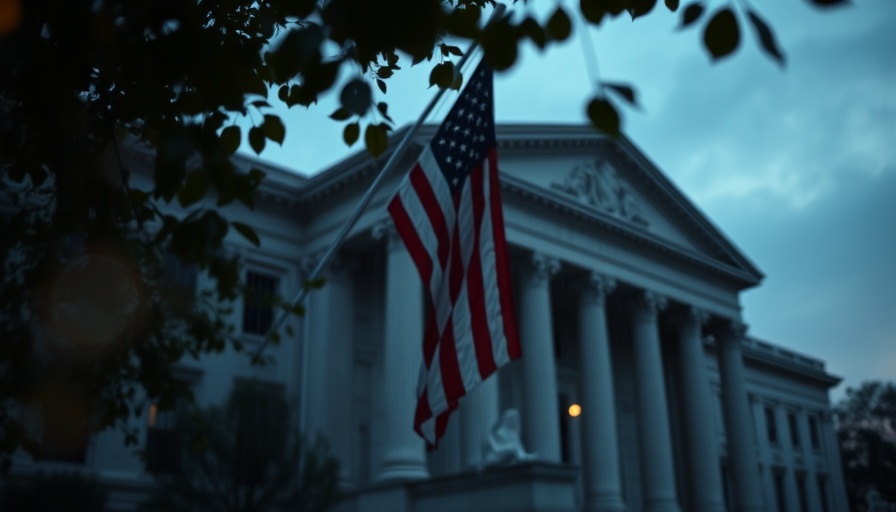 Justice Department building at dusk with American flag and raindrop bokeh.