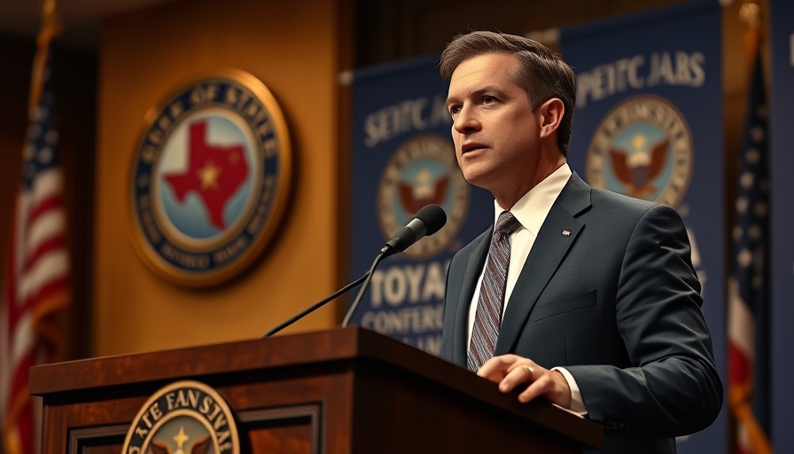 Distinguished man at Texas Regulatory Efficiency Office speech with state seal.