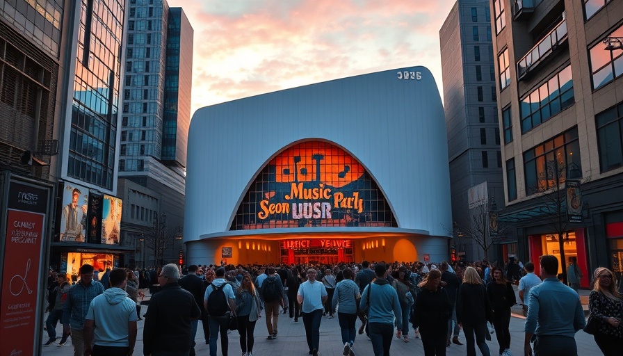 Austin's next big music venue at sunset with visitors approaching.