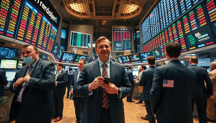 Professional exchange floor scene with people holding trading jackets.