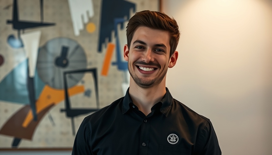 Young man with a smile, black shirt, abstract background.