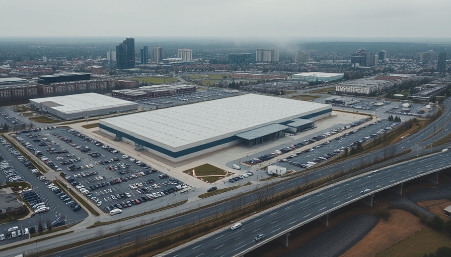 Aerial view of ICE facility surrounded by parking lots and buildings.