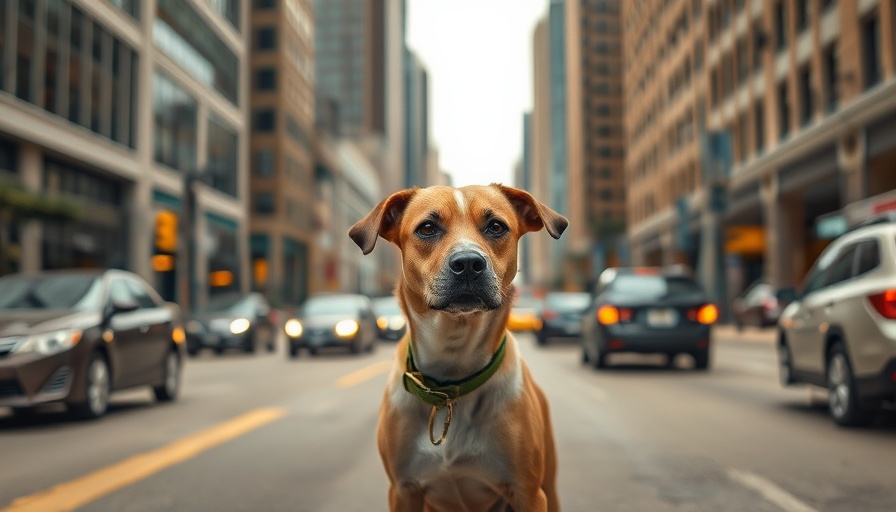 Houston stray dog crisis depicted by a lonely dog on a city street.