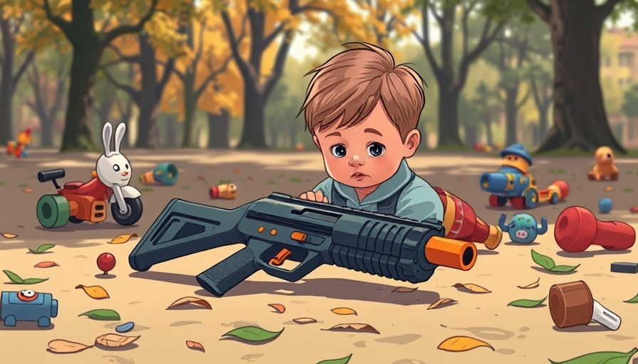 Child's toy gun among scattered toys highlighting gun violence.